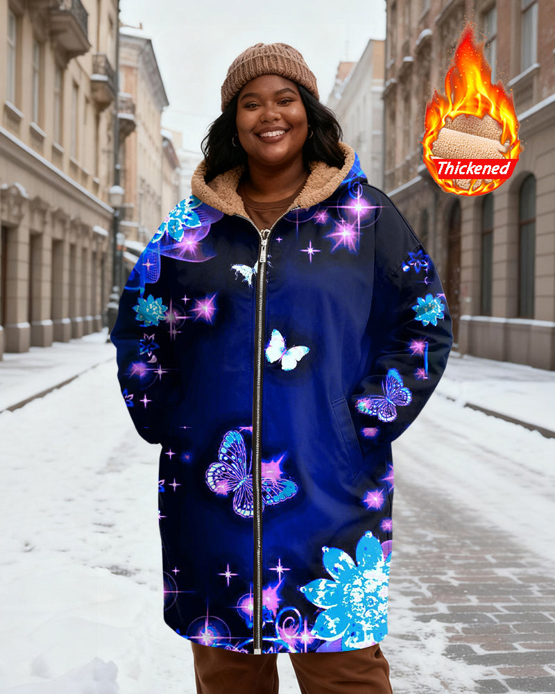 Women's Dark Blue Base Blue Purple Butterfly Star Floral Print Velvet Thickened Long Hooded Coat