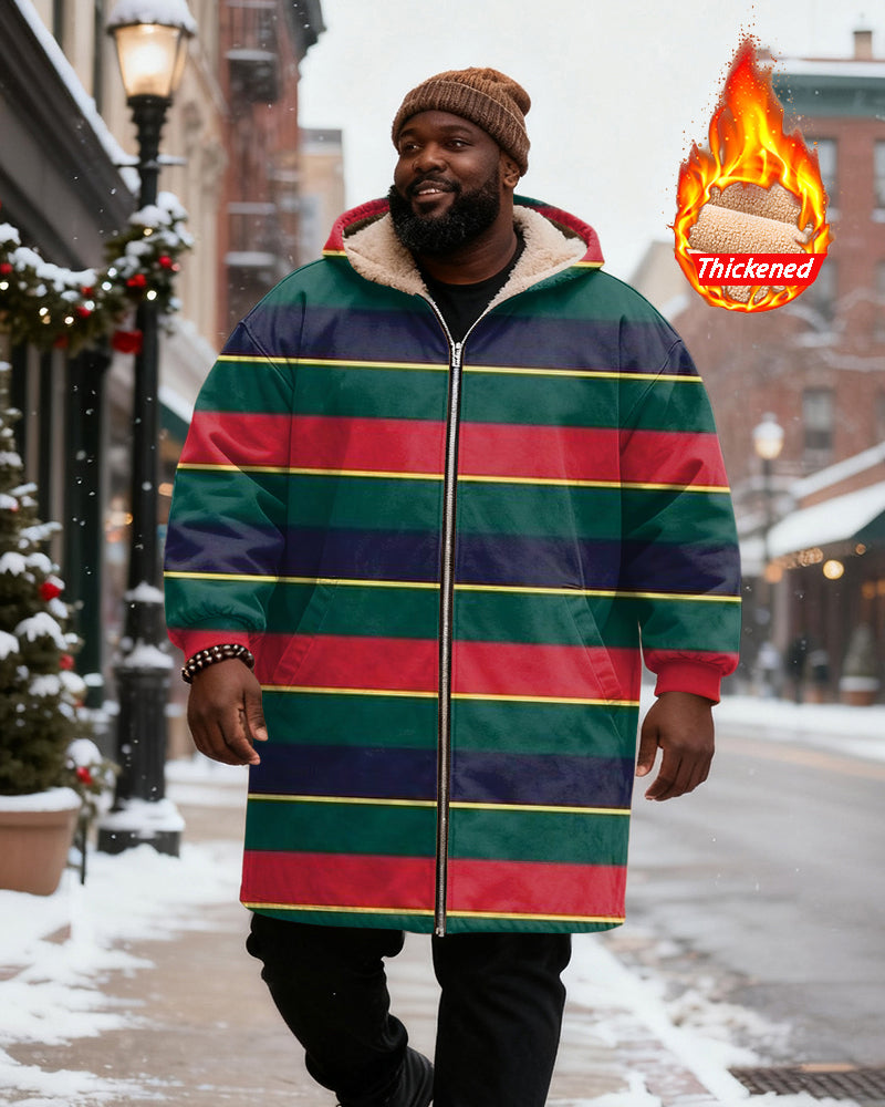 Big & Tall Men's Red, Green, Purple And Yellow Contrast Striped Printed Velvet Padded Long Hooded Coat