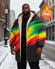 Big & Tall Men's Black Yellow Green Red Lightning Print Velvet Thickened Long Hooded Coat
