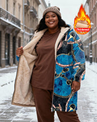 Women's Blue Bottom Chain Belt Printed Velvet Thickened Long Hooded Coat