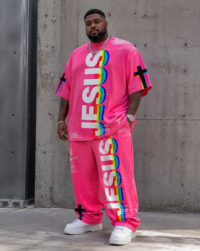 Big & Tall Men's Distressed Rainbow Stereo JESUS Letter Printed T-shirt Trousers Set