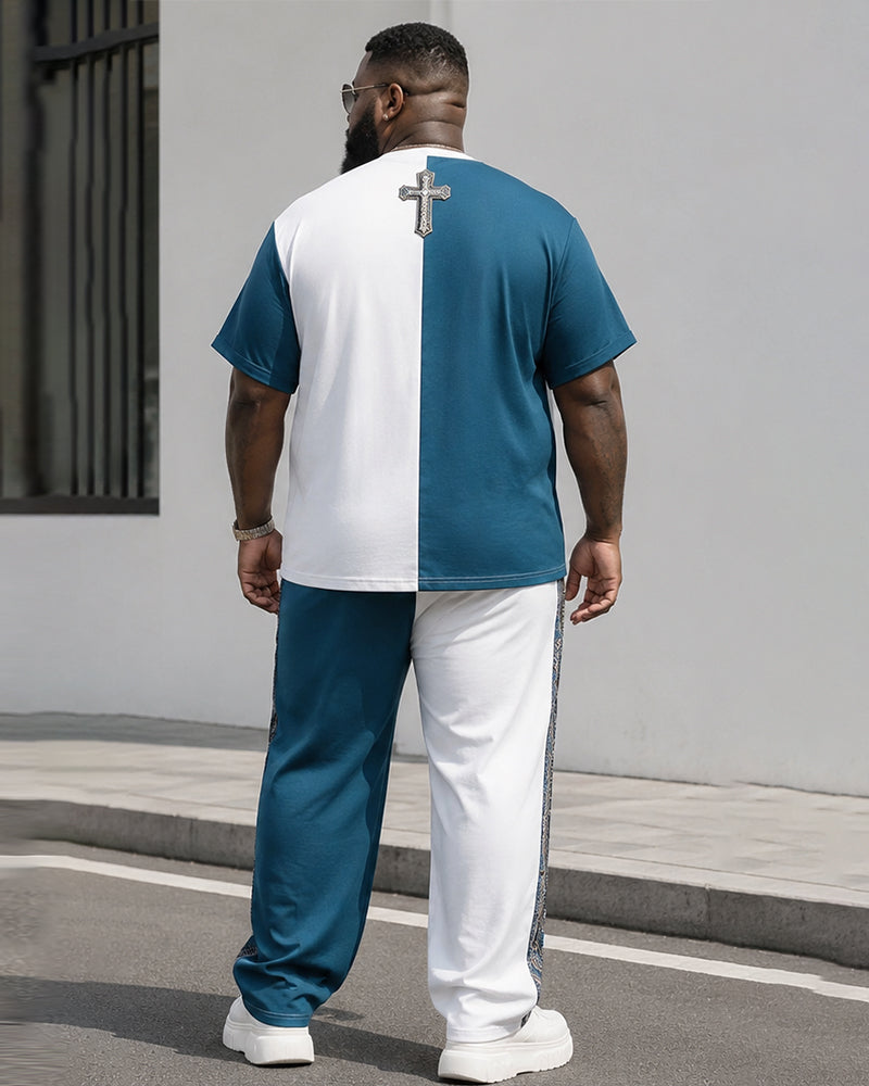 Big & Tall Men's Blue And White Contrast Stitching Cross Printed T-Shirt Pants Set