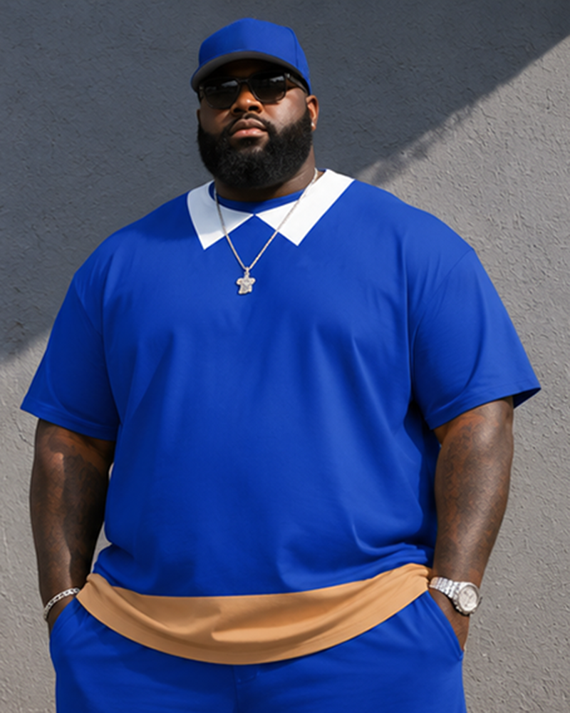 Big & Tall Men's Contrast Lapel Fake Two-piece Printed Crew Neck Short Sleeve T-shirt Shorts Set