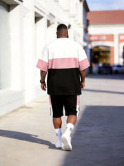 Big & Tall Men's Pink White Black Color Matching King Letter Printed Round Neck Short Sleeve T-shirt Shorts Set
