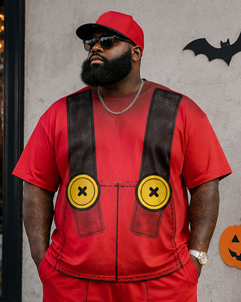 Big & Tall Men's Cartoon Print Round Neck Short Sleeve T-Shirt Shorts Set With Strap Button