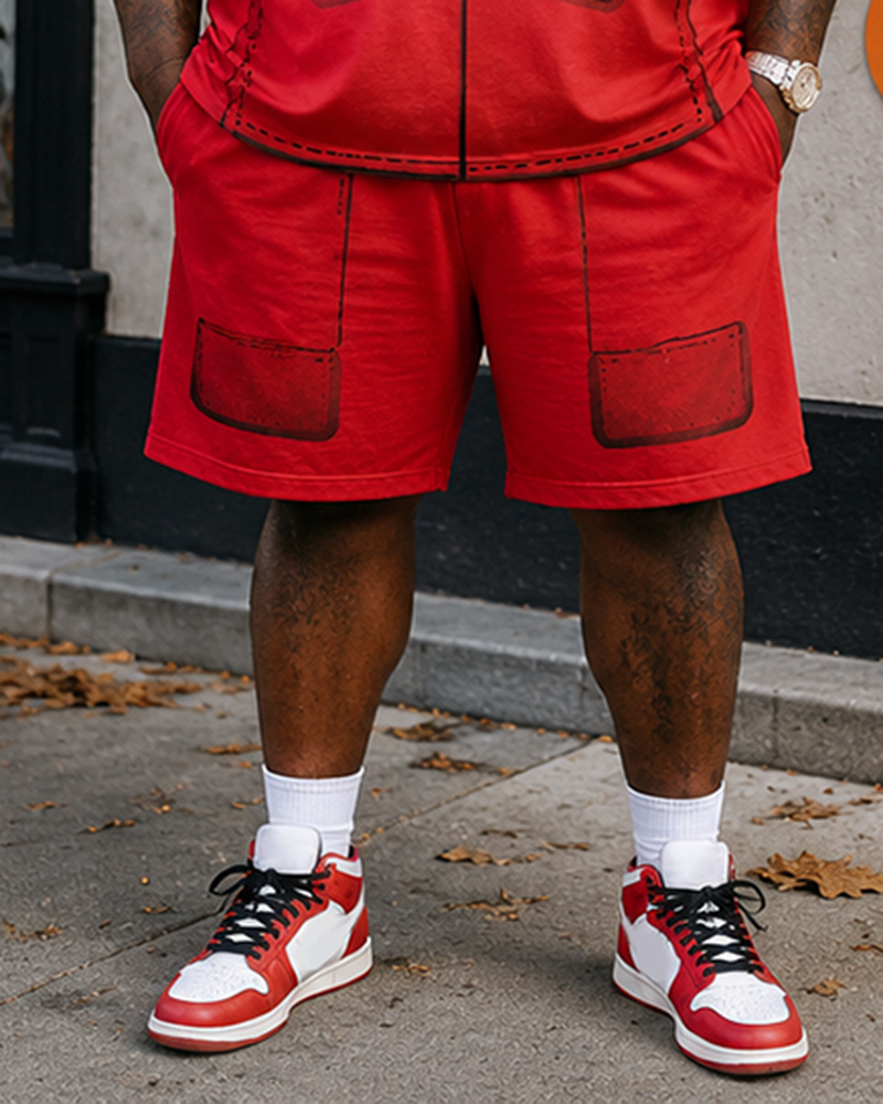 Big & Tall Men's Cartoon Print Round Neck Short Sleeve T-Shirt Shorts Set With Strap Button