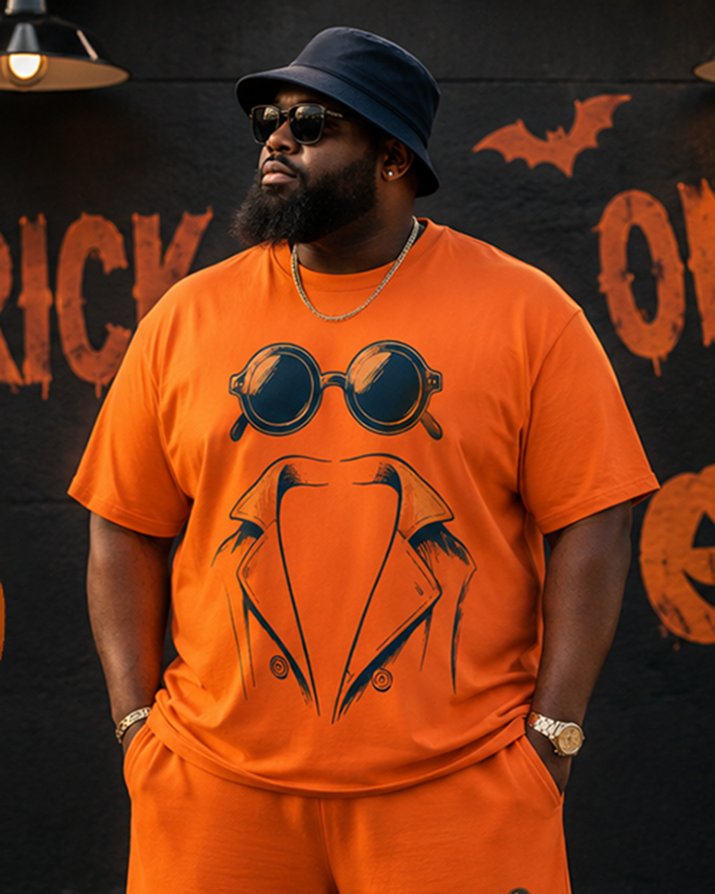 Big & Tall Men's Orange Sunglasses Suit Stick Figure Print Round Neck Short Sleeve T-shirt Shorts Set
