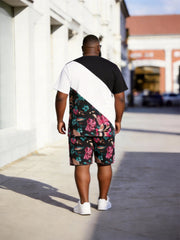 Big & Tall Men's Black And White Oblique Floral Printed Round Neck Short Sleeve T-shirt Shorts Set
