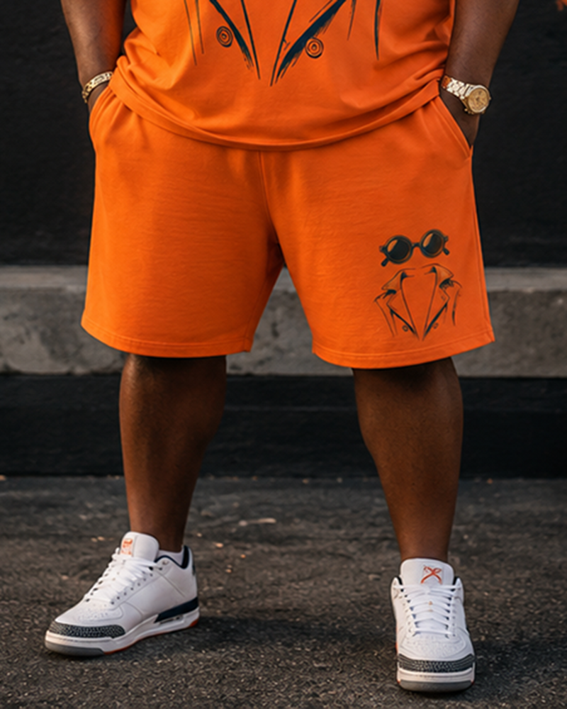 Big & Tall Men's Orange Sunglasses Suit Stick Figure Print Round Neck Short Sleeve T-shirt Shorts Set