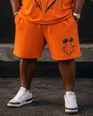 Big & Tall Men's Orange Sunglasses Suit Stick Figure Print Round Neck Short Sleeve T-shirt Shorts Set