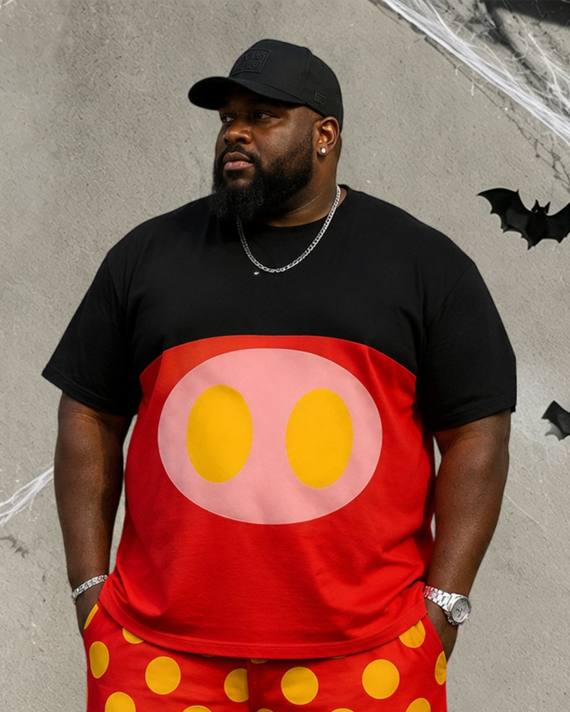 Big & Tall Men’s Black And Red Cartoon Big Round-Face Print Crew-Neck Short-Sleeve T-Shirt And Shorts Set