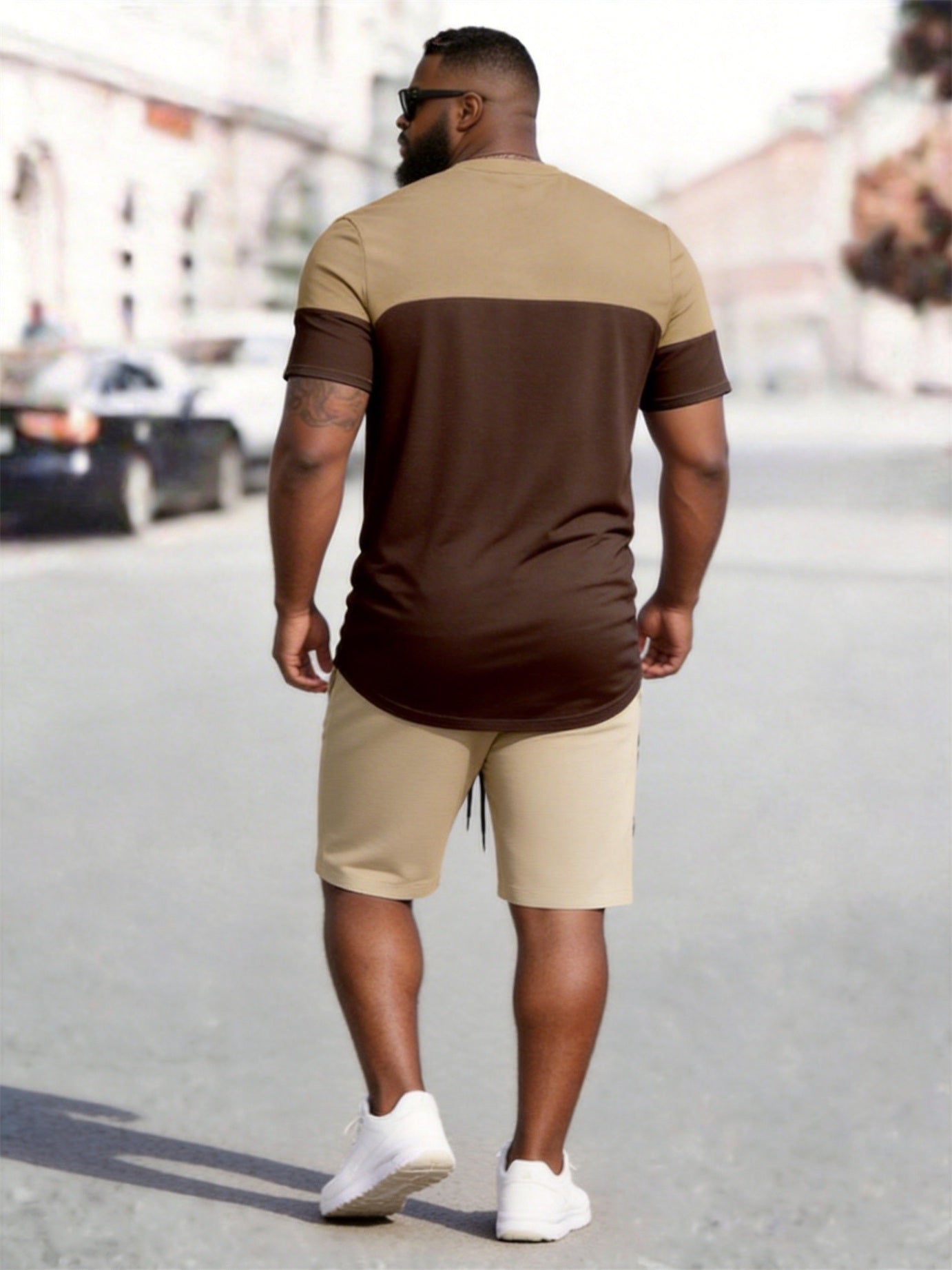 Big & Tall Men's Khaki Brown Color Block King Printed Round Neck Short Sleeve T-shirt Shorts Set