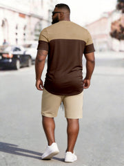 Big & Tall Men's Khaki Brown Color Block King Printed Round Neck Short Sleeve T-shirt Shorts Set