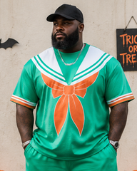 Big & Tall Men's Green Crewneck Bow Print Round Neck Short Sleeve T-Shirt Shorts Set