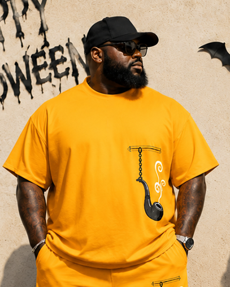 Big & Tall Men's Yellow Retro Hanging Pipe Print Crew-Neck Short-Sleeve T-Shirt And Shorts Set