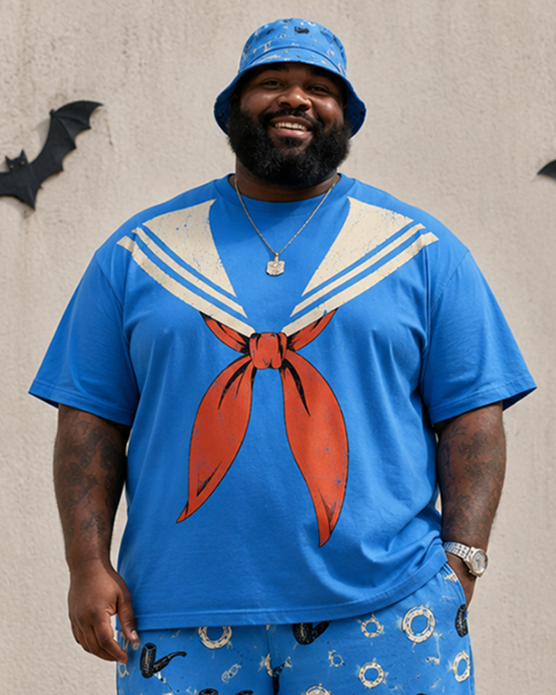 Big & Tall Men’s Retro Sailor-Neck Fake-Pattern Crew-Neck Short-Sleeve T-Shirt And Shorts Set