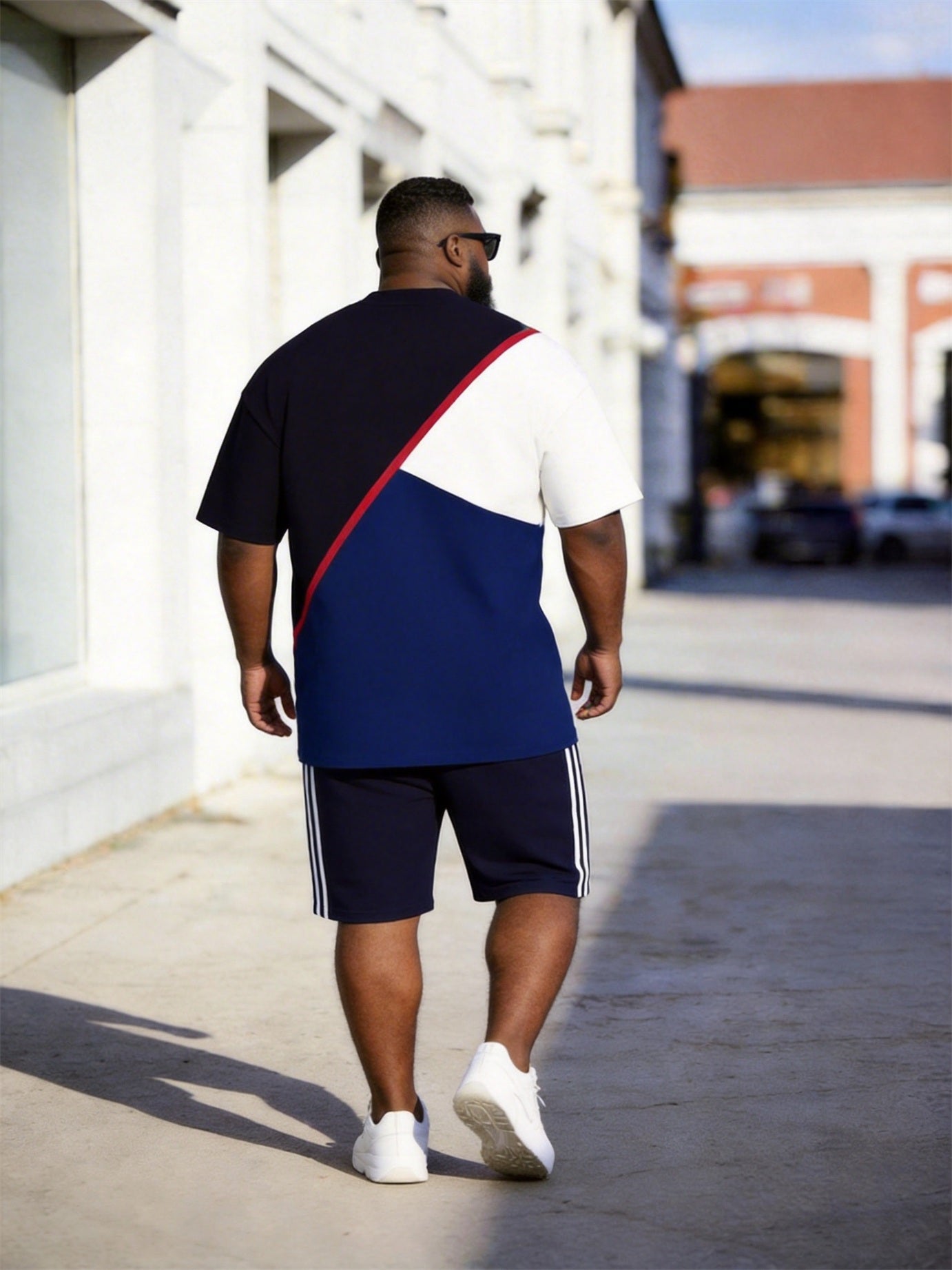 Big & Tall Men's Navy Red And White Color Matching Letter Printed Round Neck Short Sleeve T-shirt Shorts Set