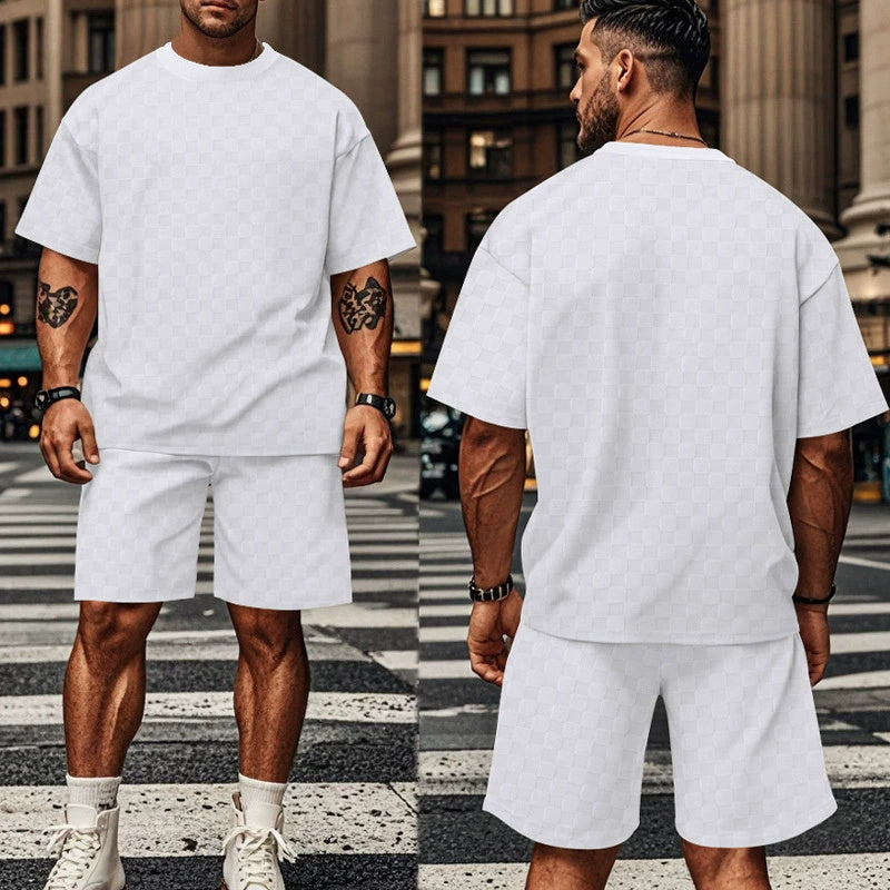 S-3XL Jacquard Checkerboard Solid-color Short-sleeve Shorts Sportswear Set