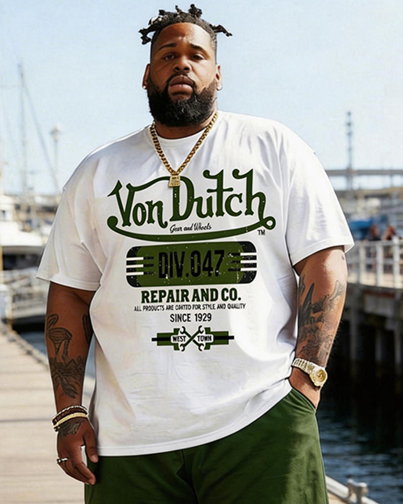 Big & Tall Men's American Vintage Von Dutch Printed Round Neck Short Sleeve T-Shirt Shorts Set