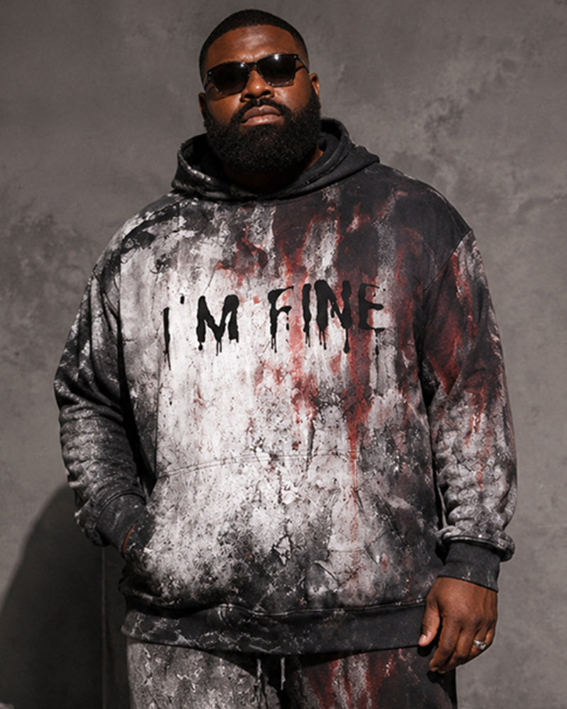 Big & Tall Men's Distressed Bloodstain “I'M FINE” Letter Print Hoodie Set