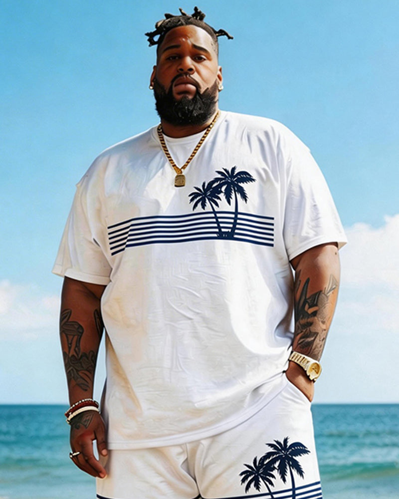 Big & Tall Men's Simple Coconut Stripe Print Round Neck Short Sleeve T-Shirt Shorts Set