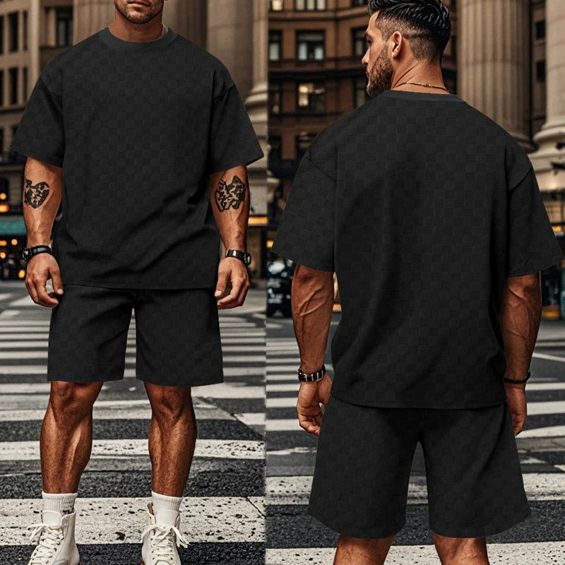 S-3XL Jacquard Checkerboard Solid-color Short-sleeve Shorts Sportswear Set