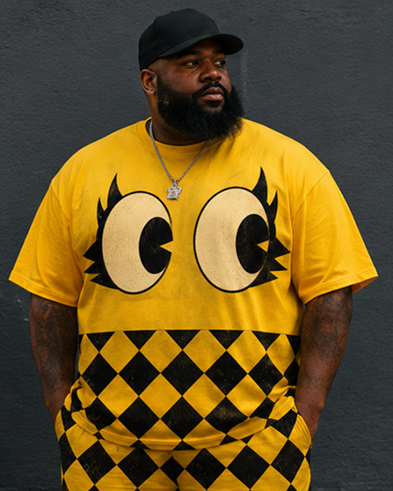 Big & Tall Men's Retro Distressed Big Eyes Yellow And Black Diamond Check Printed Crew Neck Short Sleeve T-shirt Shorts Set