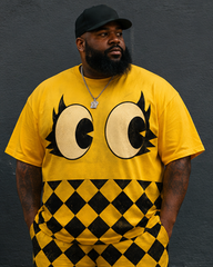 Big & Tall Men's Retro Distressed Big Eyes Yellow And Black Diamond Check Printed Crew Neck Short Sleeve T-shirt Shorts Set