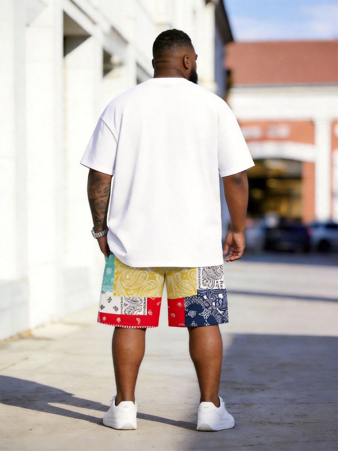 Big & Tall Men's Color Letters Cashew Flower Color-matching Printed Round Neck Short Sleeve T-Shirt Shorts Set