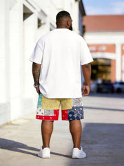 Big & Tall Men's Color Letters Cashew Flower Color-matching Printed Round Neck Short Sleeve T-Shirt Shorts Set