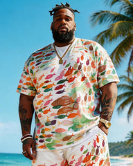 Big & Tall Men's Watercolor Small Fish Print Round Neck Short Sleeve T-Shirt Shorts Set