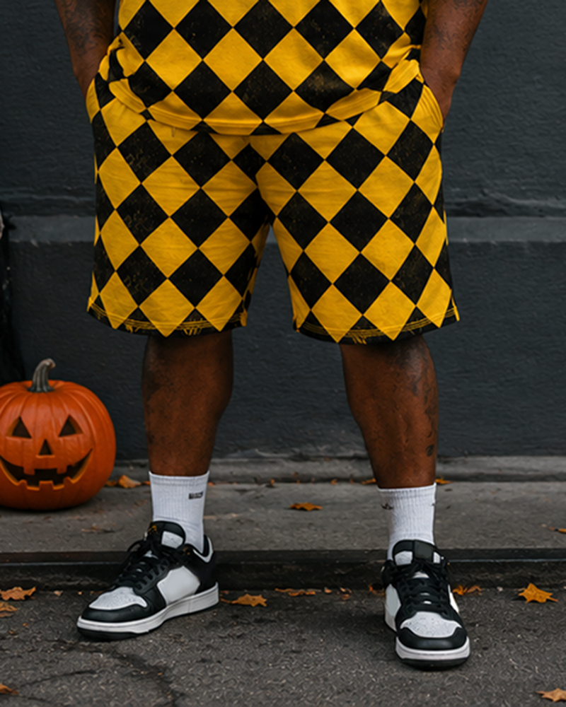 Big & Tall Men's Retro Distressed Big Eyes Yellow And Black Diamond Check Printed Crew Neck Short Sleeve T-shirt Shorts Set
