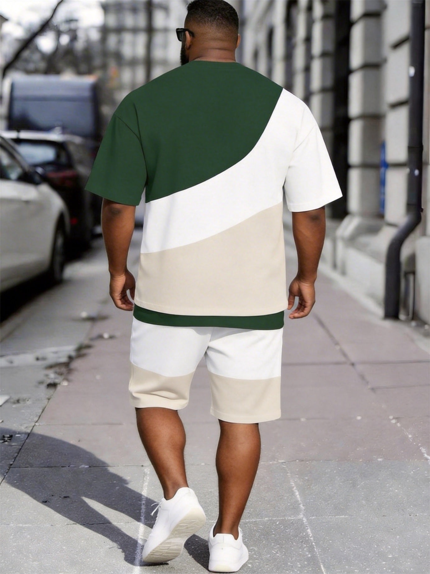 Big & Tall Men's Green And White Card And Its Oblique Spelling Respect Letter Printed Crew Neck Short Sleeve T-shirt Shorts Set