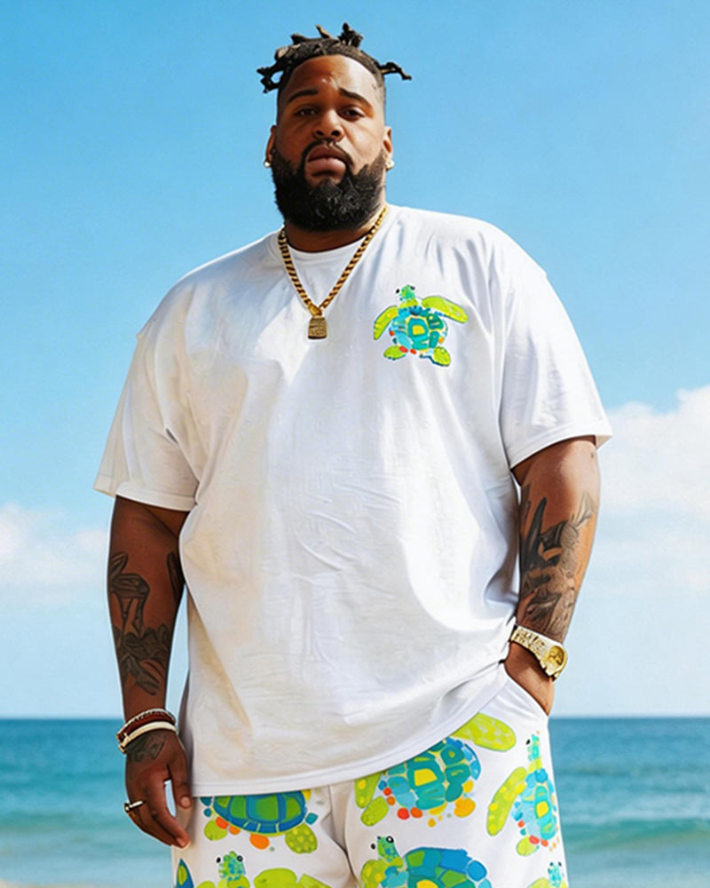 Big & Tall Men's Childish Turtle Print Round Neck Short Sleeve T-Shirt Shorts Set