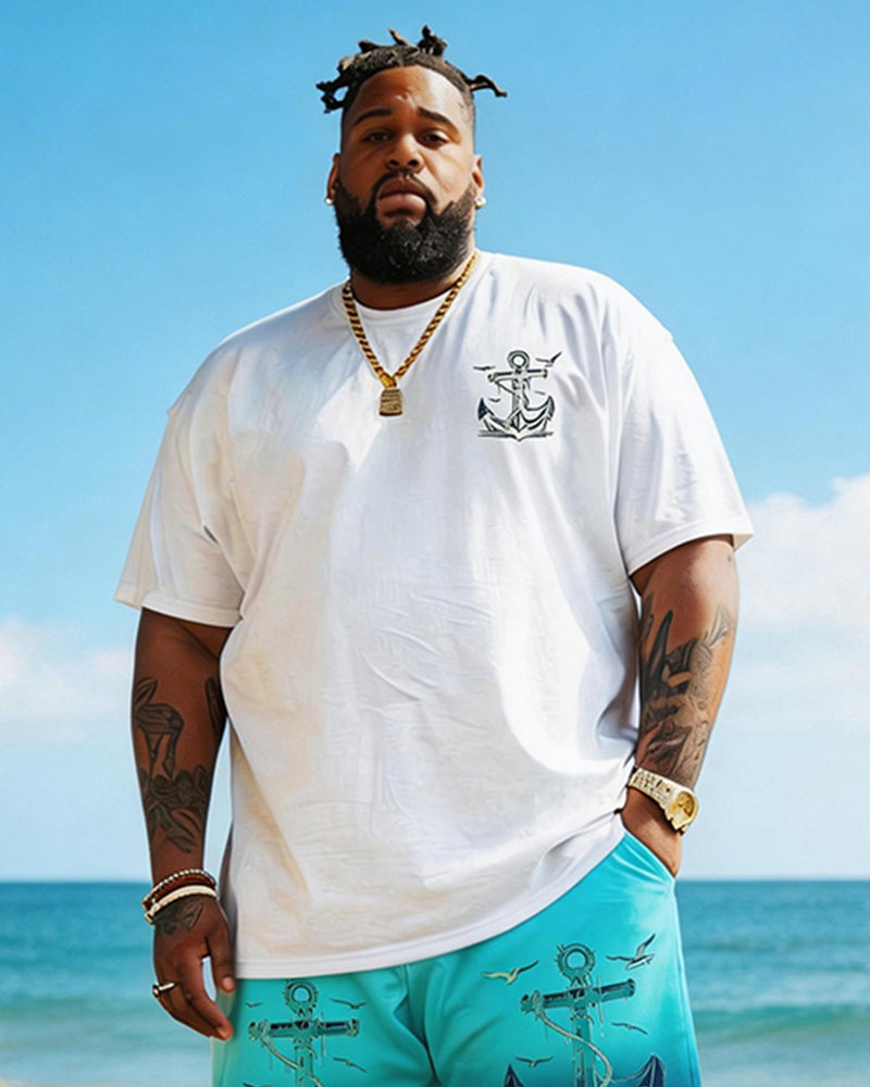 Big & Tall Men's Sailing Anchor Gradient Print Round Neck Short Sleeve T-Shirt Shorts Set