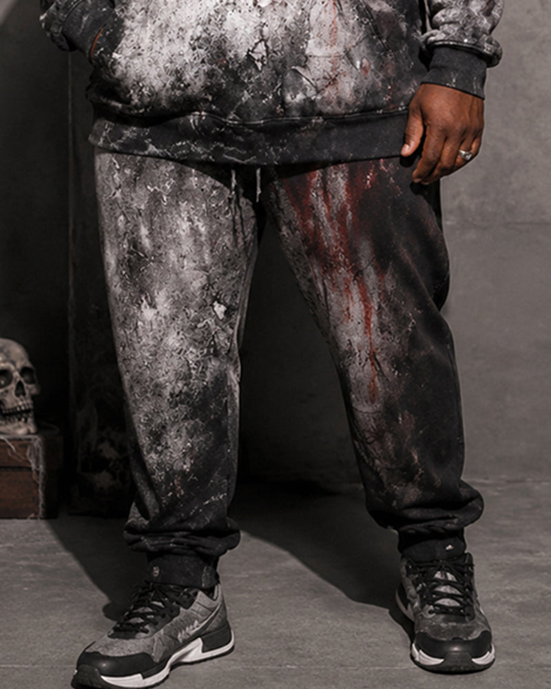 Big & Tall Men's Distressed Bloodstain “I'M FINE” Letter Print Hoodie Set