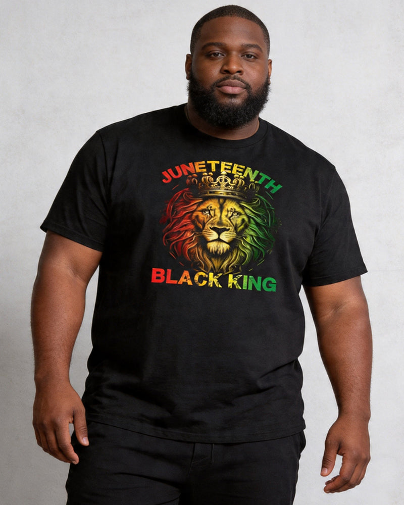 Big & Tall Men's Juneteenth Black King Red Yellow Green Lion Crown Print Round Neck Short Sleeve T-Shirt