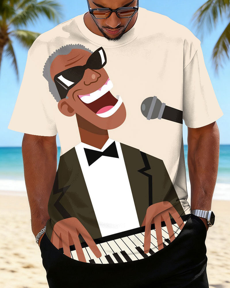 Big & Tall Men's Funny Piano Cartoon Print Crewneck Short Sleeve T-Shirt