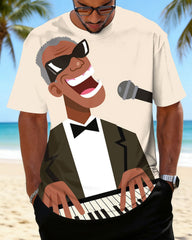 Big & Tall Men's Funny Piano Cartoon Print Crewneck Short Sleeve T-Shirt