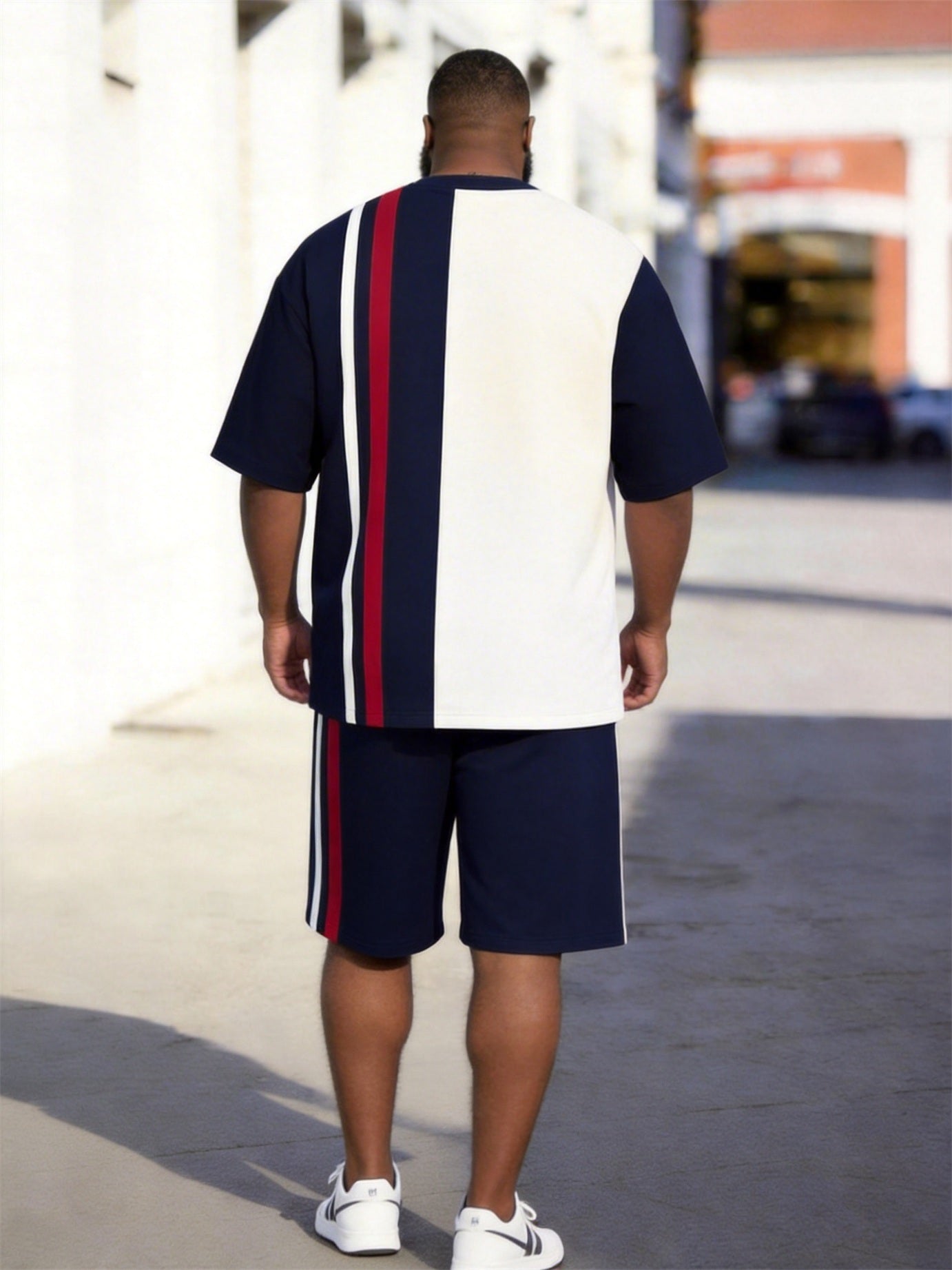 Big & Tall Men's Navy Blue And White Color Block Coconut Striped Printed Crew Neck Short Sleeve T-shirt Shorts Set