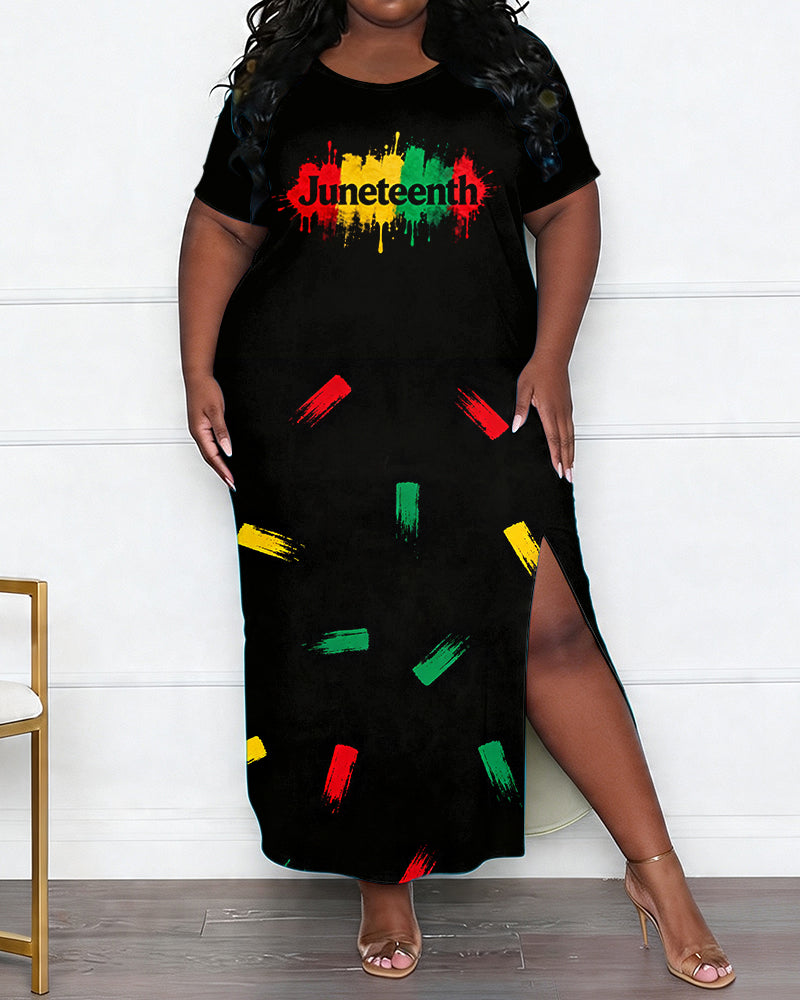 Women's Large-size Juneteenth Splash-ink Printed Side-split Short-sleeve Long Skirt
