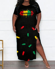 Women's Large-size Juneteenth Splash-ink Printed Side-split Short-sleeve Long Skirt