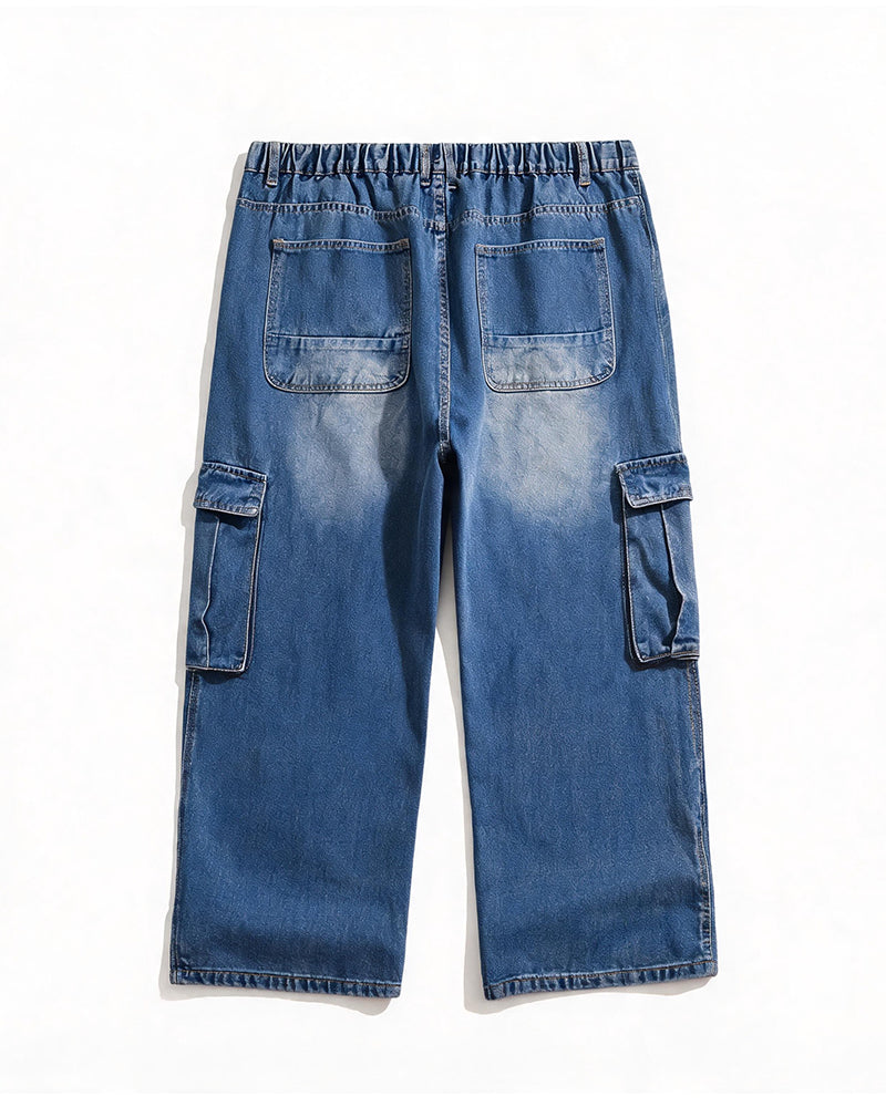 4XL-9XL Plus Size Men's Washed White Multi-Pocket Tooling Staggable Waist Denim Pants