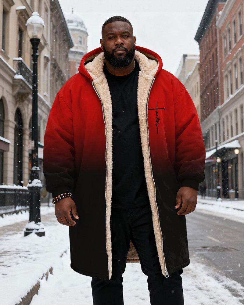 Big & Tall Men's Faith Gradient Print Velvet Thickened Long Hooded Coat