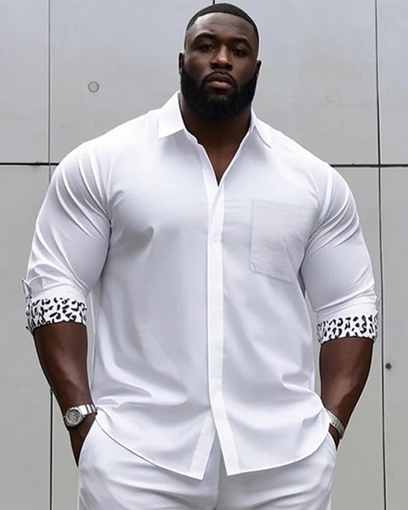Men's plus-size casual daily long-sleeved shirt and shorts suit