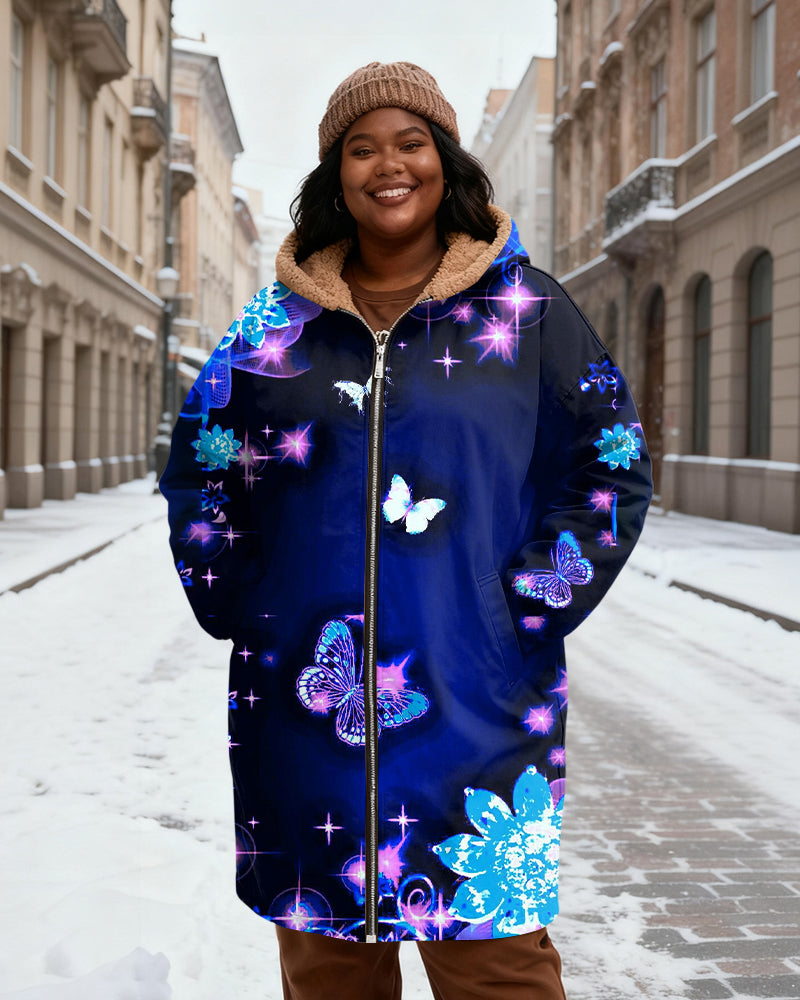 Women's Dark Blue Base Blue Purple Butterfly Star Floral Print Velvet Thickened Long Hooded Coat