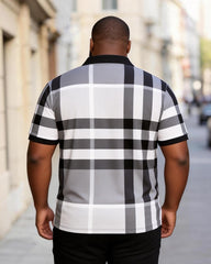 Big & Tall Men's Classic Plaid Contrast Printed Large Size V-Neck Short Sleeve Polo Shirt