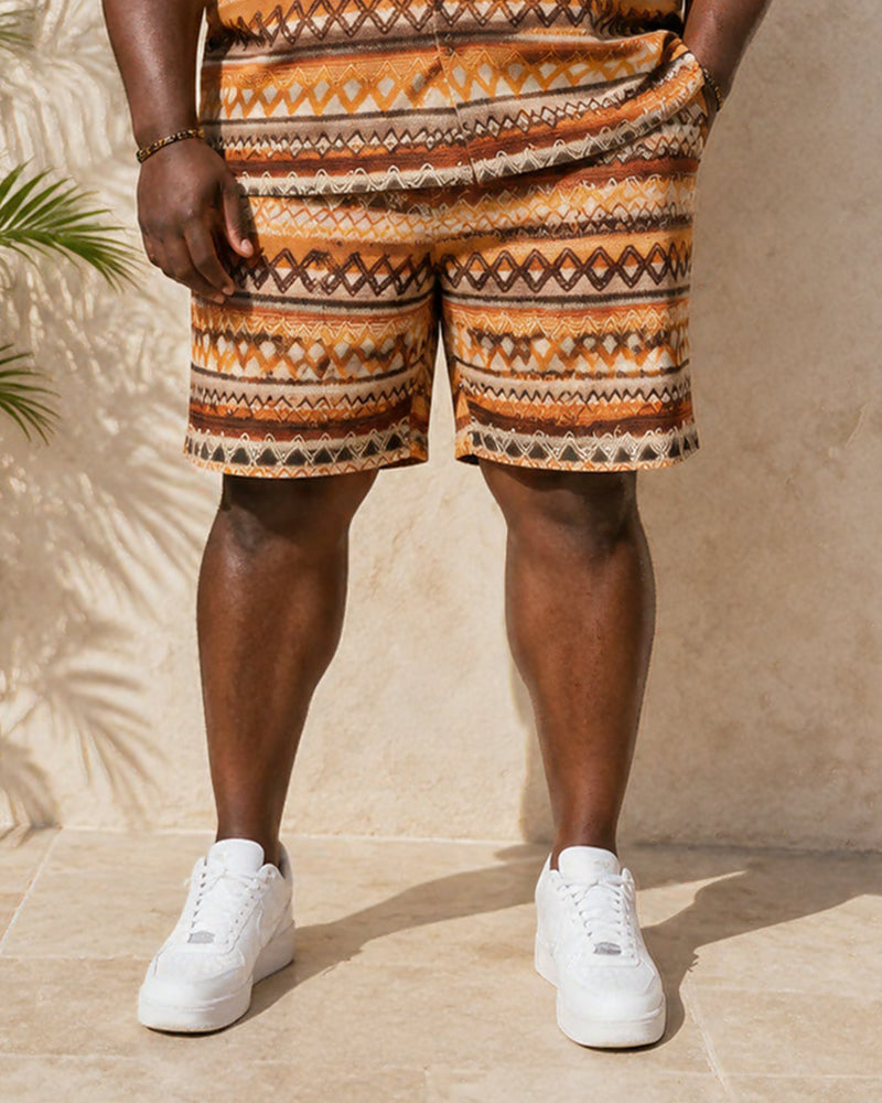 Big & Tall Men's Retro Brown Geometric Wave Print Short Sleeve Shirt And Shorts Set
