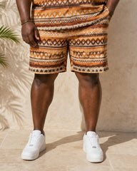 Big & Tall Men's Retro Brown Geometric Wave Print Short Sleeve Shirt And Shorts Set
