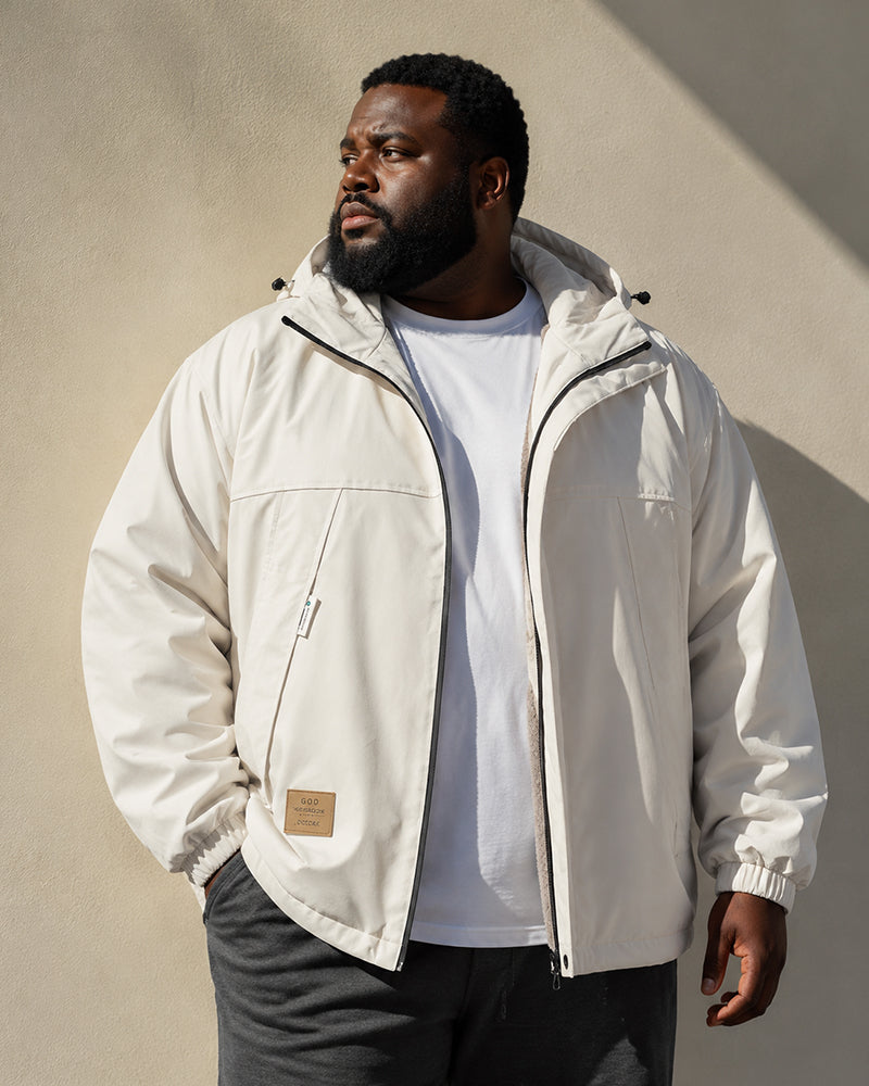 L-9XL Hooded Drawstring Solid Color Windproof Fleece Jacket